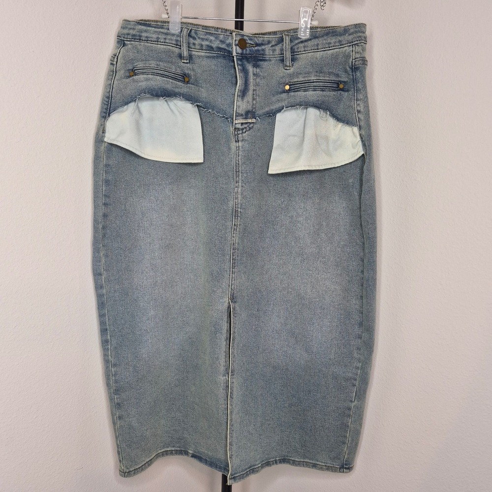 Goodtime USA Denim Midi Skirt Light Wash Deconstructed Raw Edge Grunge 1XL NWOT